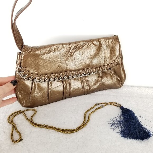 Metallic Brown Gold Wristlet Clutch With Chain Detail By Attention 《315》P - Picture 2 of 9